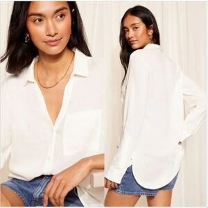 Friends Like These Womens Long Sleeve Button Down Shirt Linen Front Pocket White